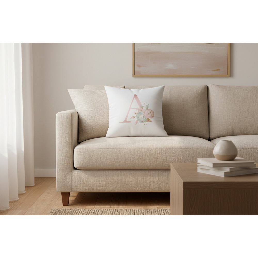 Floral Monogram Letter A Throw Pillow Cover White Pink Rose Gold 17x17